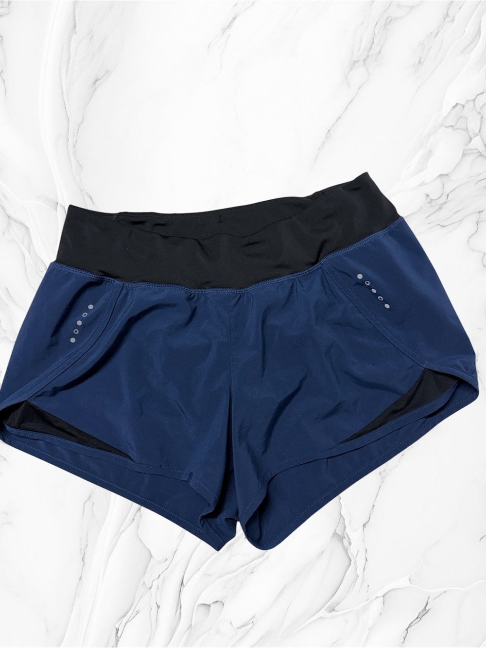 Core 10 navy blue black running shorts high-rise waistband reflective detail L